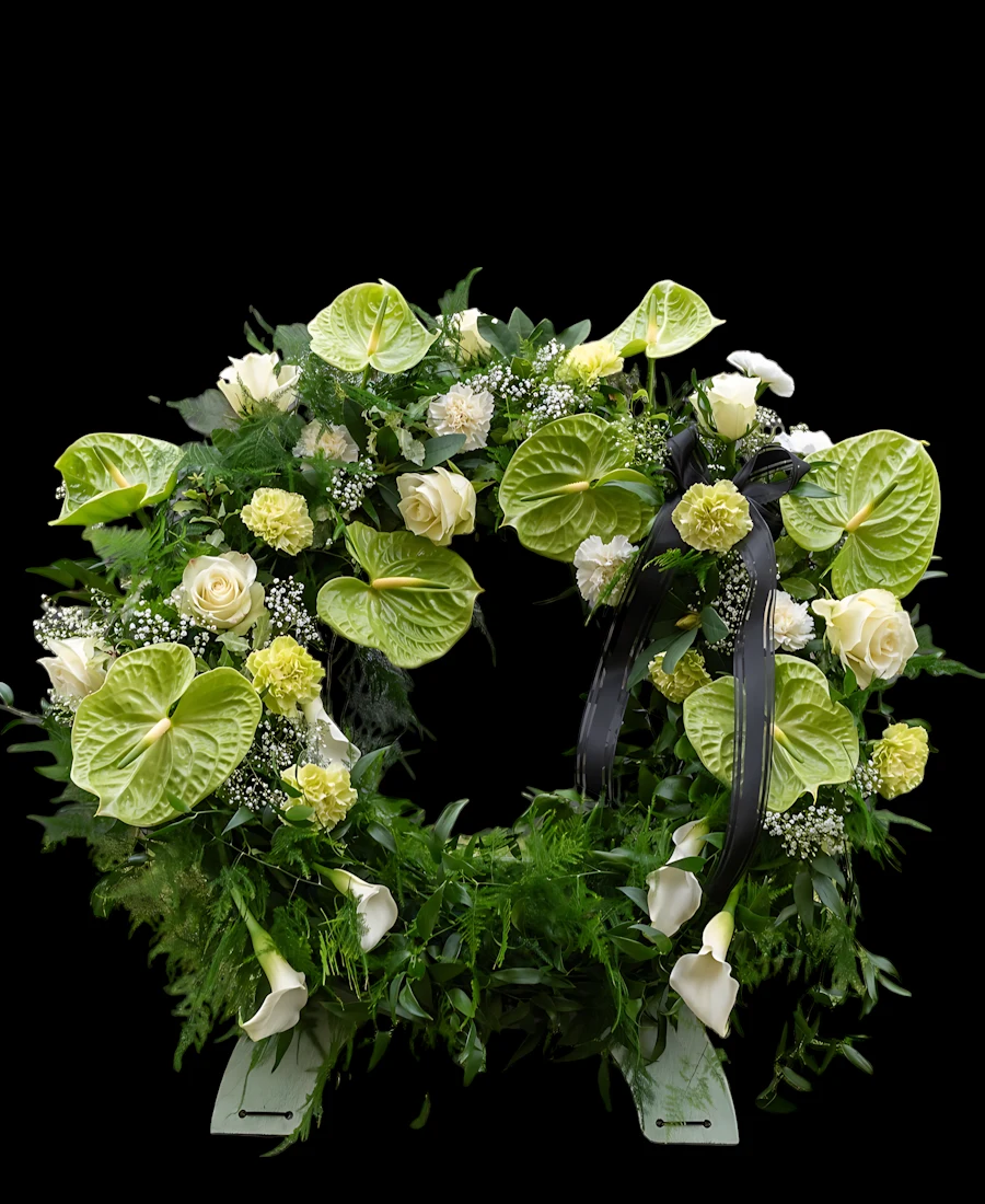 Weißer Trauerkranz mit Blumen